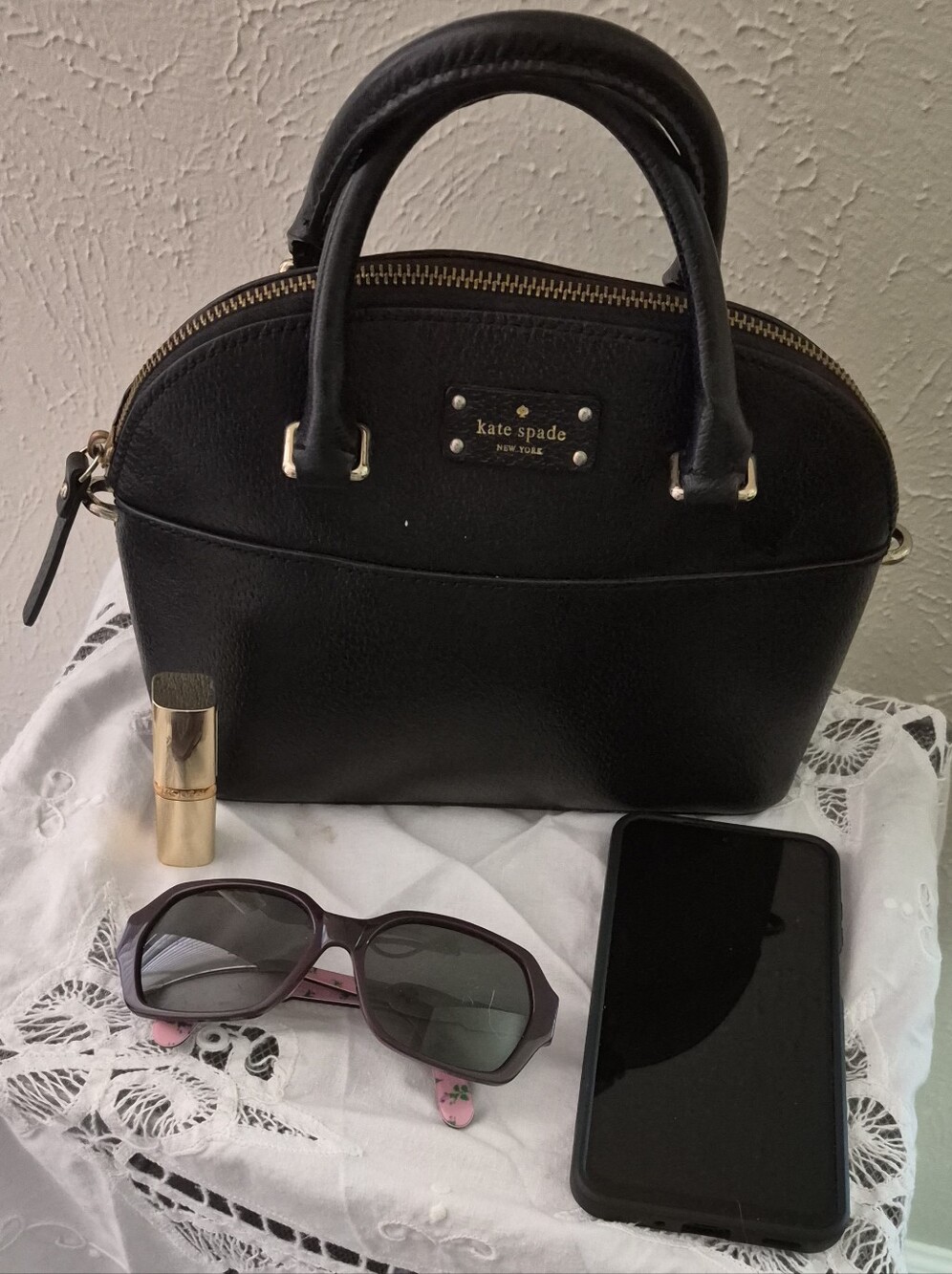 kate spade Black Pebbled Leather Dome Satchel with Removable Strap. NWOT